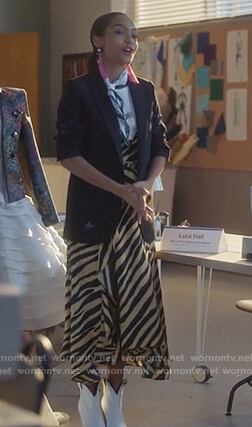 Zoey’s zebra stripe dress and star embellished jacket on Grown-ish