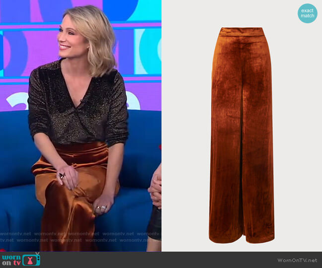 LK Bennett Noemi Rust Velvet Pants worn by Amy Robach on Good Morning America