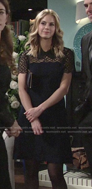 Mac’s navy and and black lace panel dress on The Young and the Restless