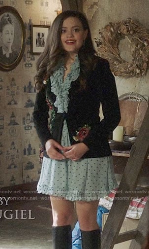 Maggie’s blue polka dot dress and floral embroidered blazer on Charmed