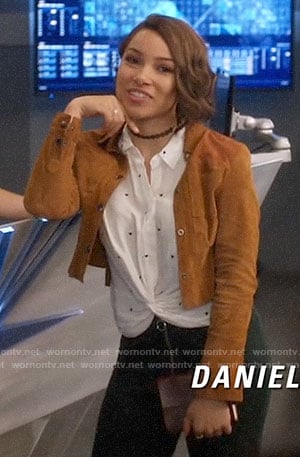 Nora’s heart print knotted shirt and suede jacket on The Flash