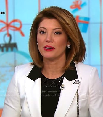 Norah’s white blazer with silver buttons on CBS This Morning