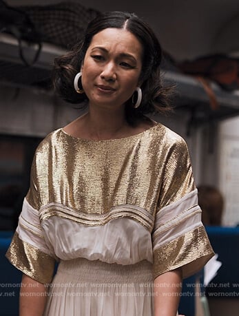 Marianne’s metallic gold and pink maxi dress on Friends from College