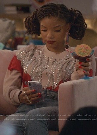 Skylar’s pink embellished sweatshirt on Grown-ish