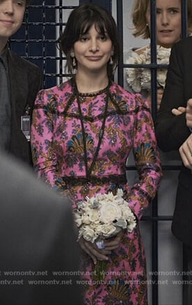 Ali’s pink floral dress with lace insets on Madam Secretary