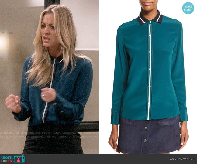 Rag & Bone Nico Shirt in Teal worn by Penny Hofstadter (Kaley Cuoco) on The Big Bang Theory