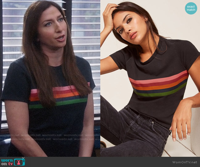 Reformation 70s Tee in Rainbow Stripe worn by Gina Linetti (Chelsea Peretti) on Brooklyn Nine-Nine