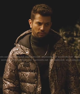 Sam’s snake print puffer jacket on Dynasty