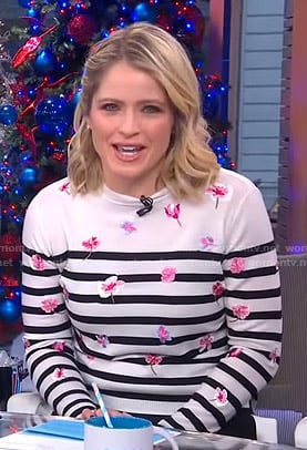 Sara’s white striped floral sweater on GMA Day