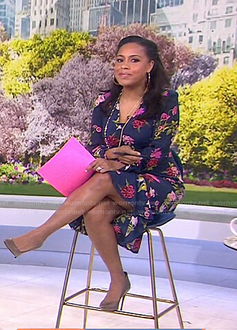 Sheinelle’s navy floral v-neck dress on Today