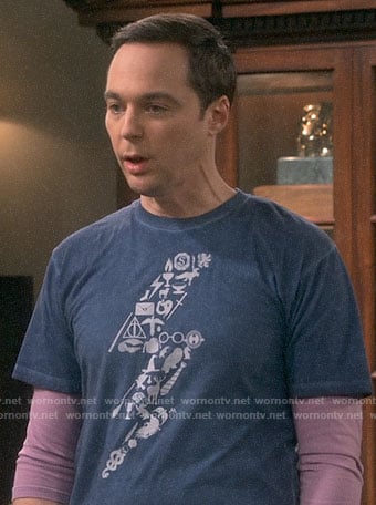 Sheldon’s blue Harry Potter lightning bolt icons t-shirt on The Big Bang Theory