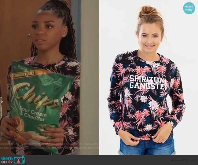 Spiritual Gangster Varsity Old School Pullover worn by Jazlyn Forster (Chloe Bailey) on Grown-ish