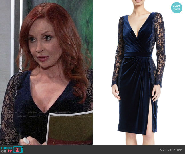 Tadash Shoji Lace Long-Sleeve & Velvet V-Neck Dress worn by Bobbie Spencer (Jackie Zeman) on General Hospital
