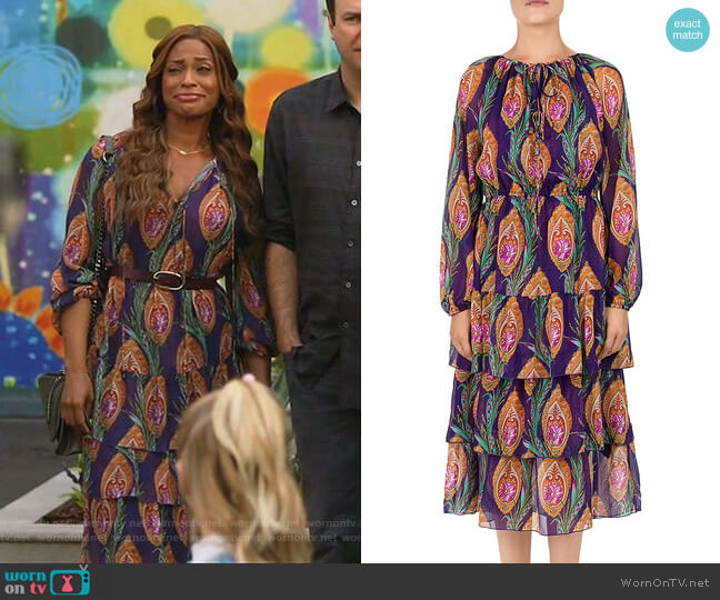 The Kooples Hindu Flower Print Silk Midi Dress worn by Poppy (Kimrie Lewis) on Single Parents