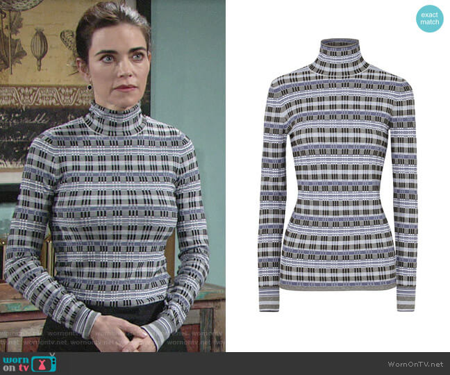 Theory Checked Jacquard-knit Turtleneck Sweater worn by Victoria Newman (Amelia Heinle) on The Young and the Restless