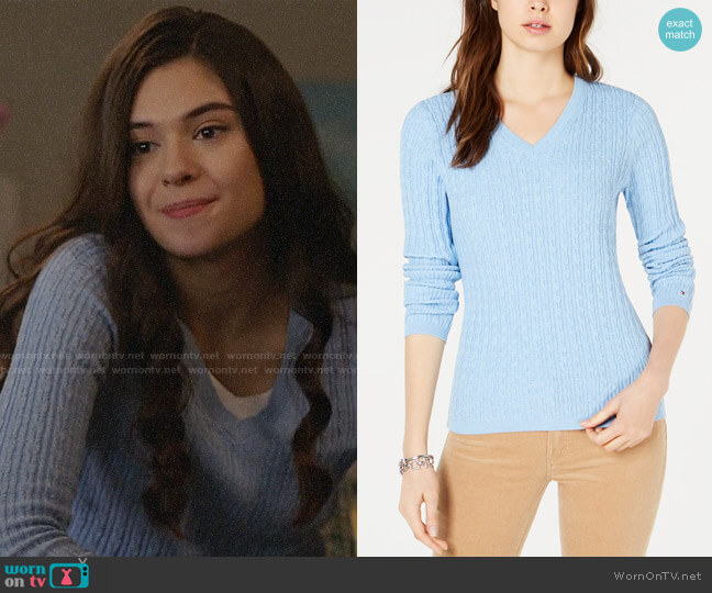 Tommy Hilfiger Cotton Cable-Knit Sweater in Heather Crystal Blue worn by Nia Nal (Nicole Maines) on Supergirl