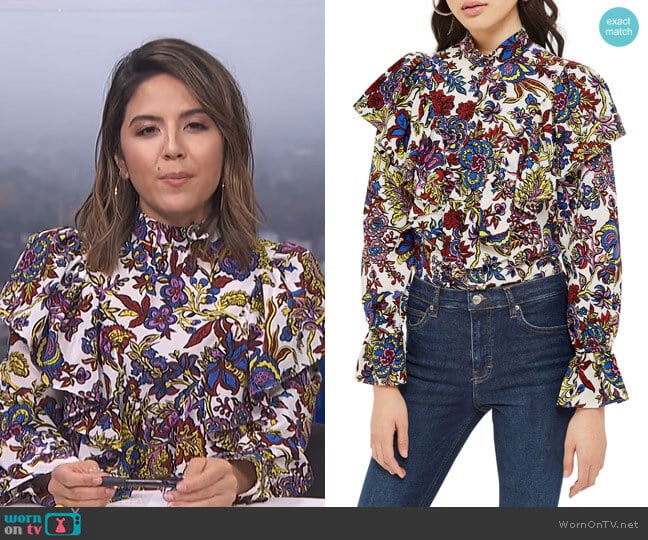 Topshop Rokit Floral Ruffle Blouse worn by Erin Lim on E! News