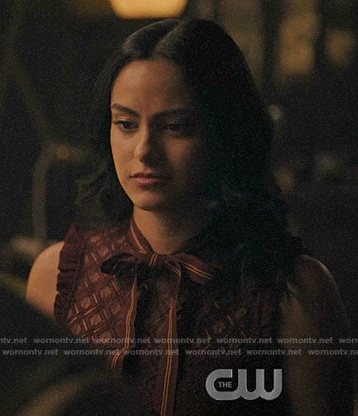 Veronica’s burgundy lace top with tie neck on Riverdale