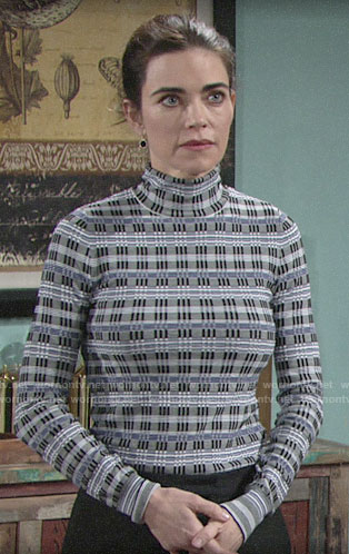 Victoria’s blue patterned turtleneck on The Young and the Restless