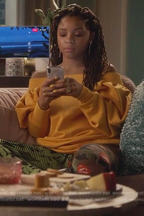 Jazlyn’s yellow off shoulder oversized sweater on Grown-ish
