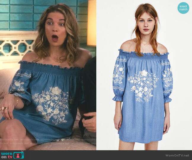 Zara Off The Shoulder Boho Dress worn by Alexis Rose (Annie Murphy) on Schitts Creek