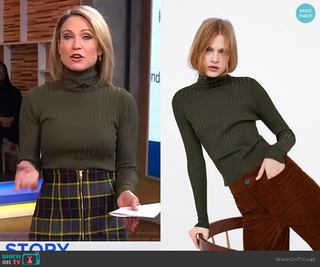 Zara Ribbed Knit Turtleneck Sweater worn by Amy Robach on Good Morning America
