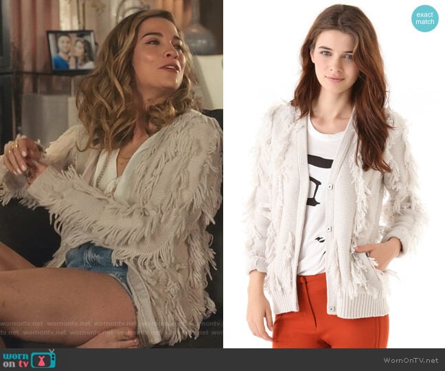 3.1 Phillip Lim Fringe Intarsia Cardigan worn by Alexis Rose (Annie Murphy) on Schitts Creek