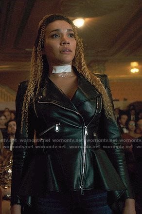Allison’s black leather peplum jacket on The Umbrella Academy