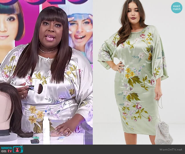 Asos Curve Kimono Midi Pencil Dress in Satin Floral Embroidery worn by Loni Love on The Real
