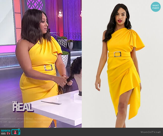 Asos One Shoulder Belted Pencil Dress with Tuck Detail worn by Tamera Mowry on The Real