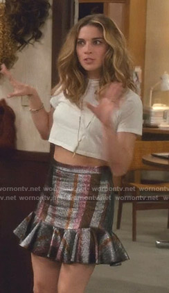 Alexis’s metallic striped mini skirt on Schitt’s Creek