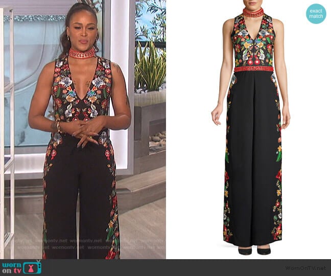 Alice + Olivia Nilsa Embellished Choker V-Neck Jumpsuit worn by Eve on The Talk