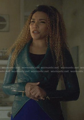 Allison’s blue pleated leather jacket on The Umbrella Academy