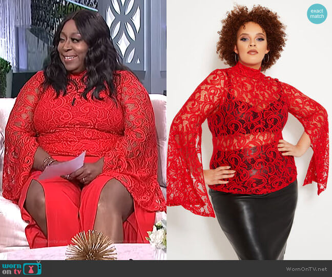 Ashley Stewart Split Sleeve Lace Mock Neck Top worn by Loni Love on The Real