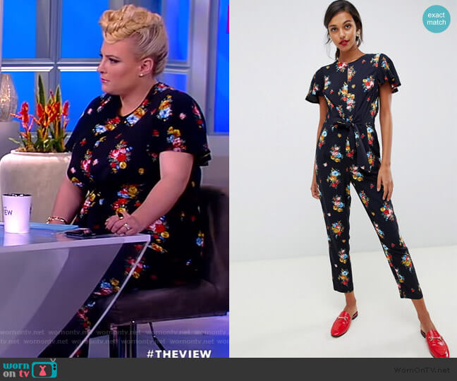 Oasis Jumpsuit with ruffle cap sleeves in floral print worn by Meghan McCain on The View