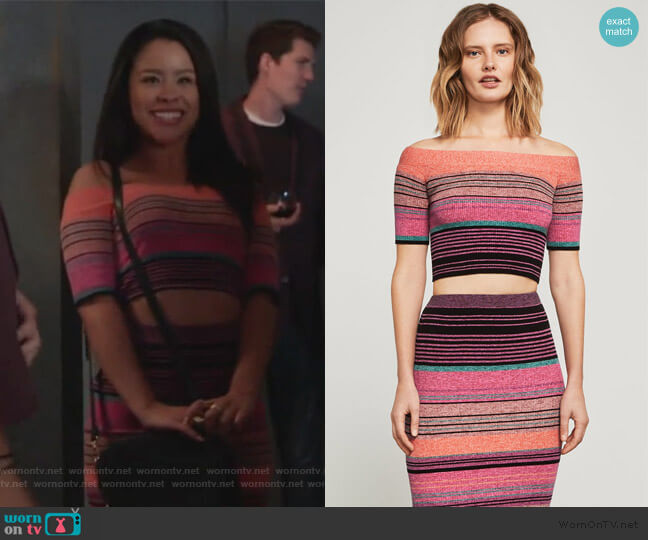 BCBGMAXAZRIA Off-The-Shoulder Striped Crop Top worn by Mariana Foster (Cierra Ramirez) on Good Trouble