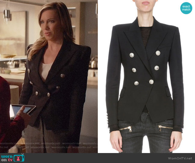 Balmain Classic Double-Breasted Wool Blazer worn by Laurel Lance (Katie Cassidy) on Arrow