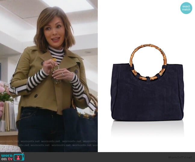 Barneys New York Bamboo-Trimmed Suede Tote Bag worn by Camille (Lindsay Price) on Splitting Up Together