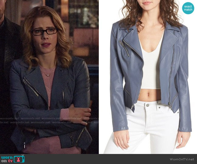 Blank NYC Faux Leather Moto Jacket worn by Felicity Smoak (Emily Bett Rickards) on Arrow