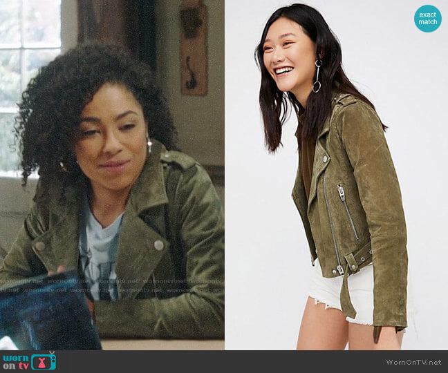 Blank NYC Suede Moto Jacket in Burnt Sage worn by Nia (Victoria Janicki) on God Friended Me