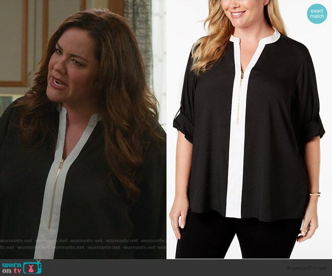 Calvin Klein Two-Tone Zip Blouse worn by Katie Otto (Katy Mixon) on American Housewife