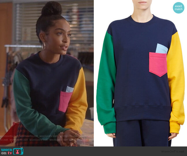 Cedric Charlier Colorblock Sweatshirt worn by Zoey Johnson (Yara Shahidi) on Grown-ish