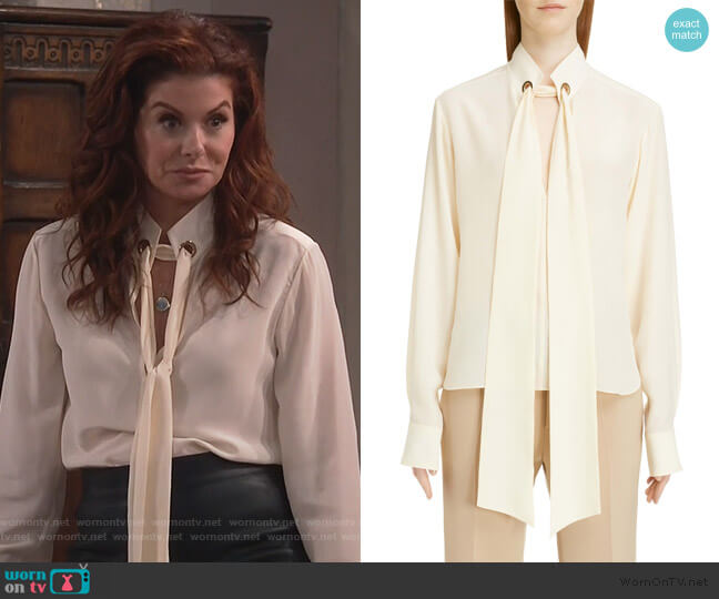 Chloe Ring Detail Tie Neck Silk Crêpe de Chine Blouse worn by Grace Adler (Debra Messing) on Will and Grace