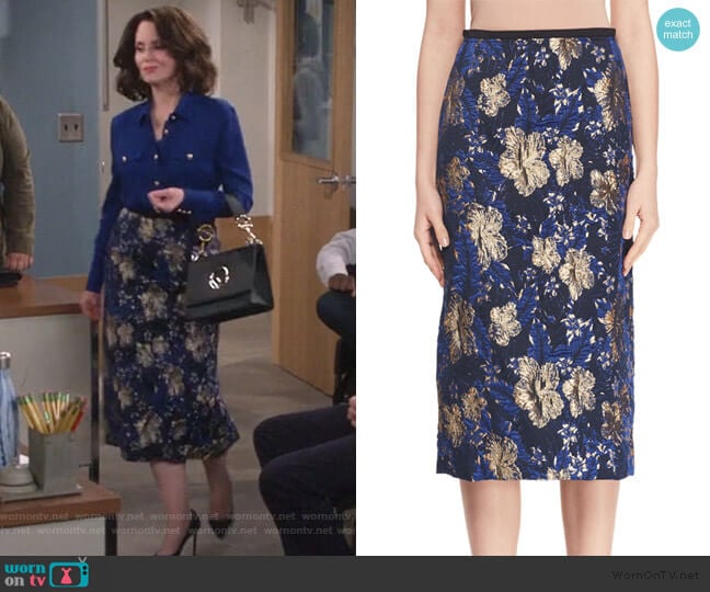 Dries Van Noten A-Line Metallic Floral-Jacquard Midi Skirt worn by Karen Walker (Megan Mullally) on Will and Grace