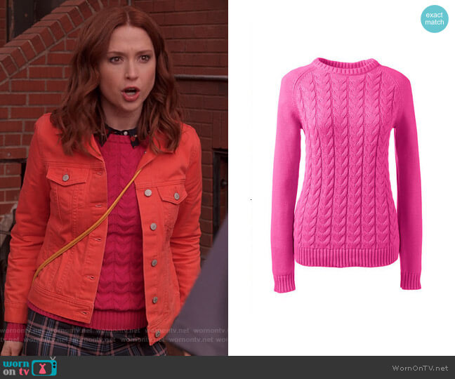 Lands End Drifter Cable Knit Sweater in Vibrant Magenta worn by Kimmy Schmidt (Ellie Kemper) on Unbreakable Kimmy Schmidt