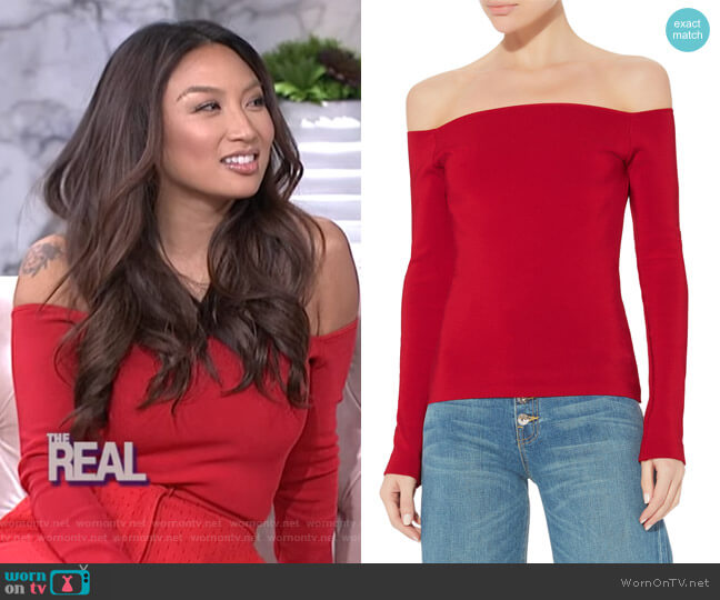 Elizabeth and James Raylen Off Shoulder Top worn by Jeannie Mai on The Real