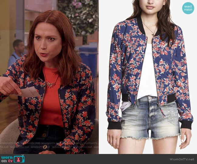 Express Soft Floral Bomber Jacket worn by Kimmy Schmidt (Ellie Kemper) on Unbreakable Kimmy Schmidt
