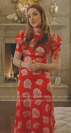 Fallon’s red floral tie neck midi dress on Dynasty