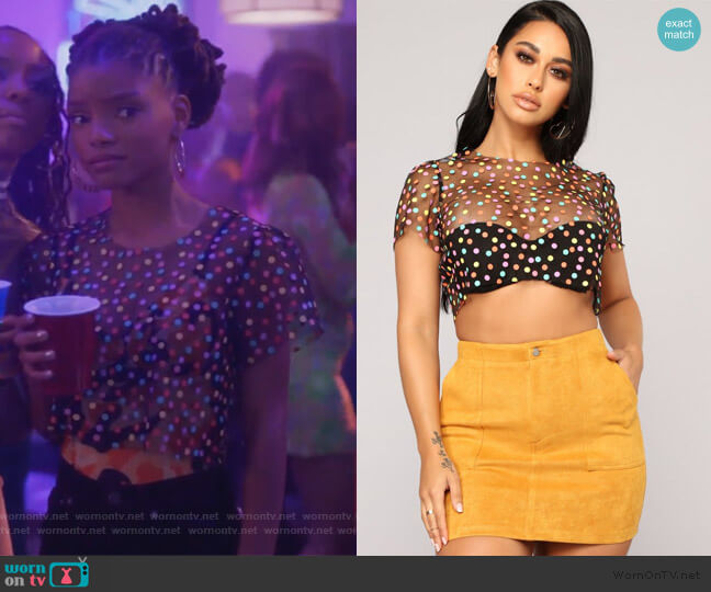Fashion Nova I Mesh You Polka Dot Top worn by Skylar Forster (Halle Bailey) on Grown-ish