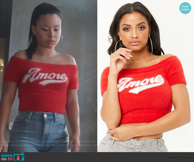 Forever 21 Fuzzy Amore Graphic Crop Top worn by Mariana Foster (Cierra Ramirez) on Good Trouble